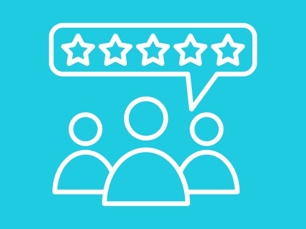 Icon of three people giving customer Feedback with a five-star review speech bubble.