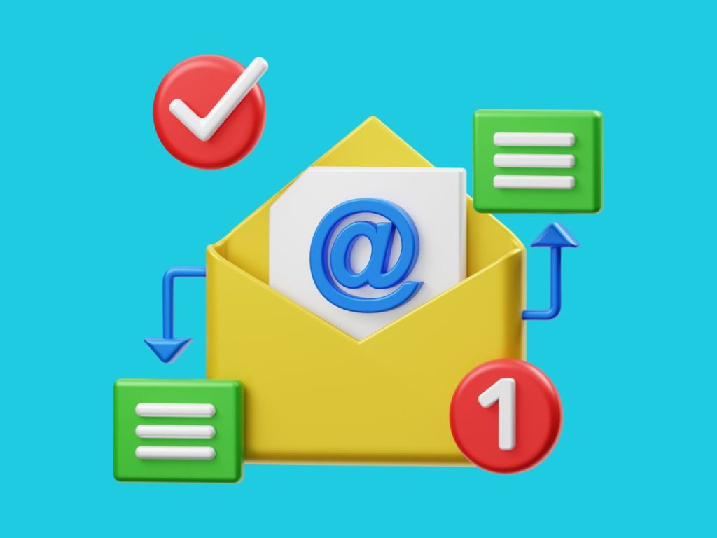 Stylized email inbox with check mark, message, and notification icons.