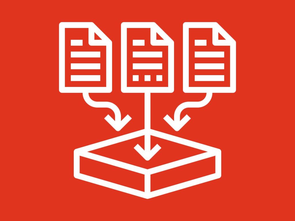 Icon representing data transfer from documents to a database.