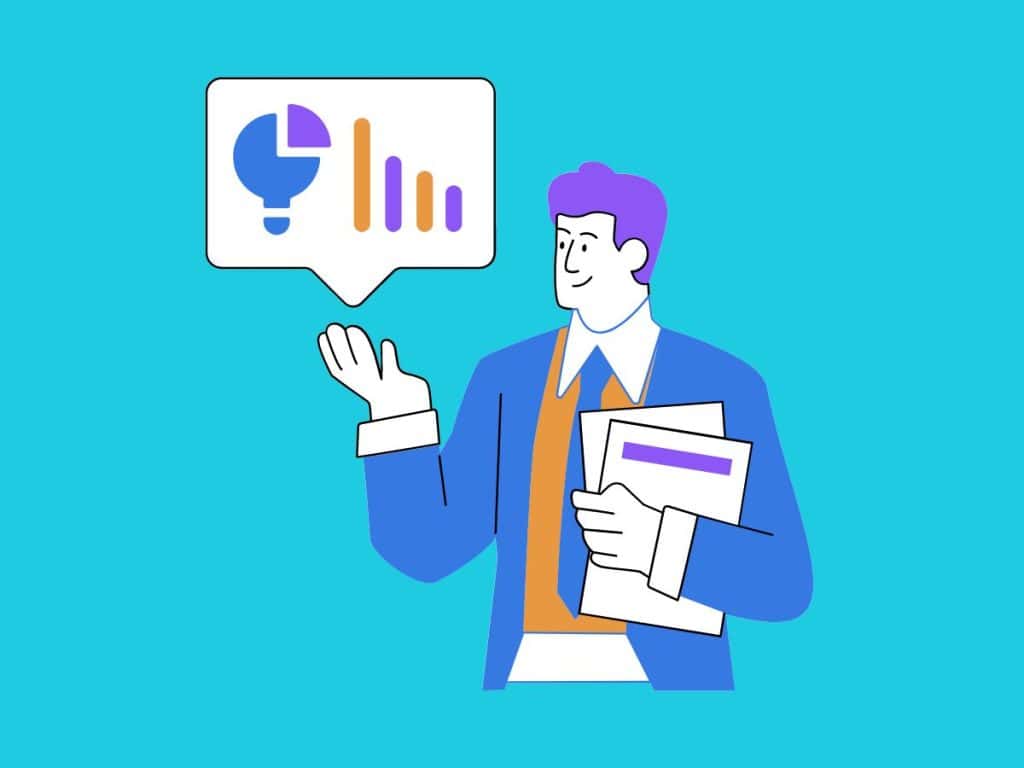 Businessman with analytics speech bubble showcasing marketing metrics.