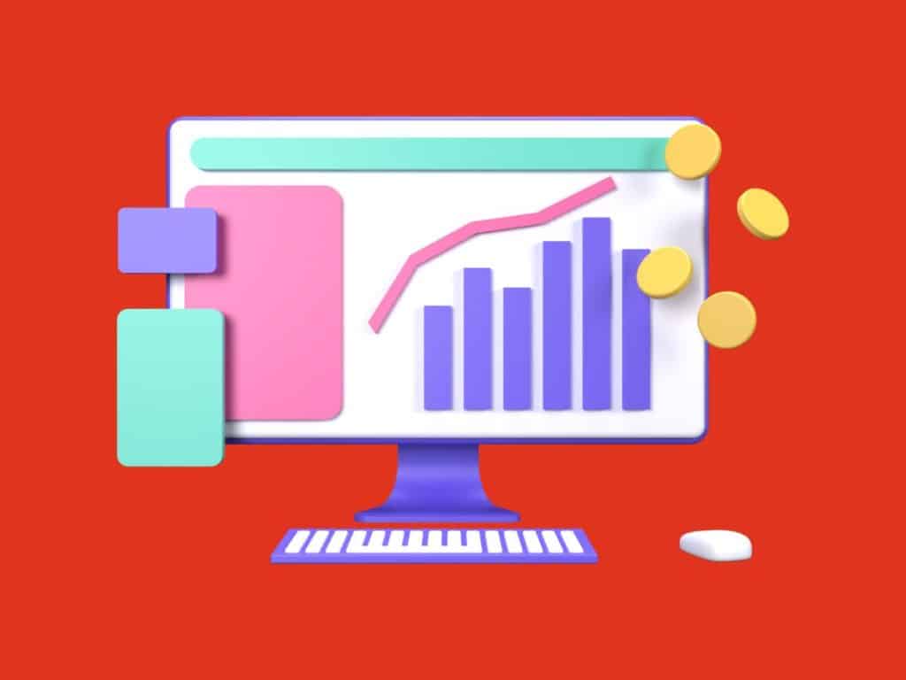 3D graph on monitor symbolizing dynamic online sales analysis.