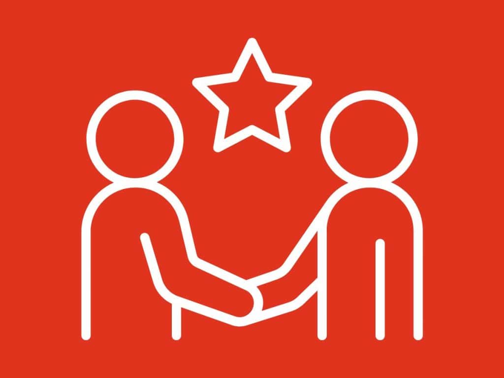 Two figures shaking hands with a star above, symbolizing customer satisfaction.