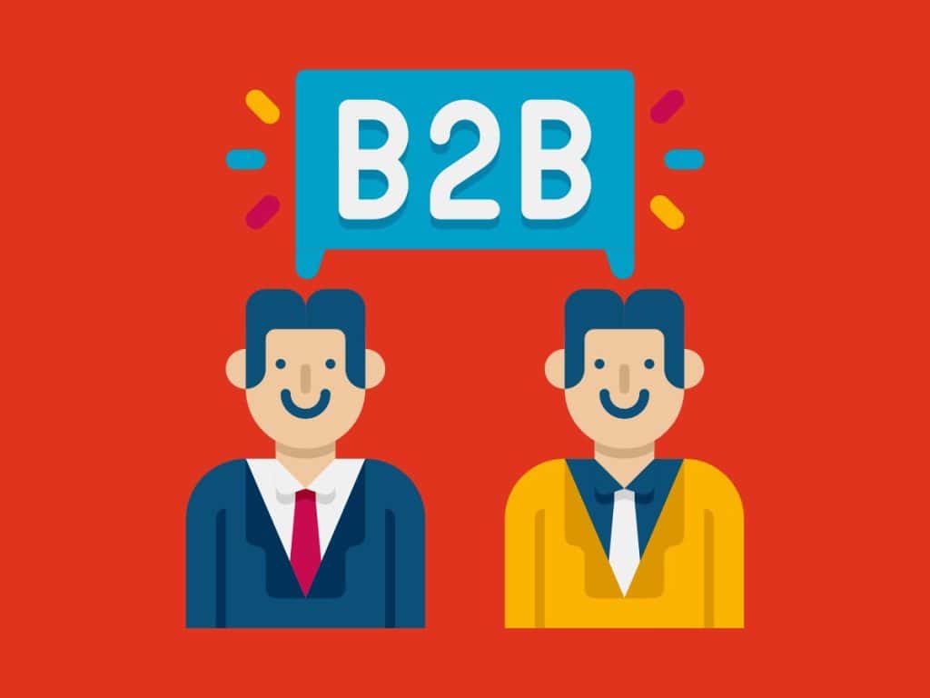 B2B communication graphic with two businessmen and speech bubble.