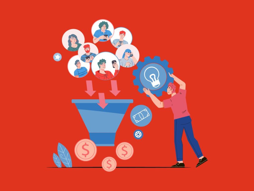 Marketing strategy funnel with people and idea icons for lead generation.