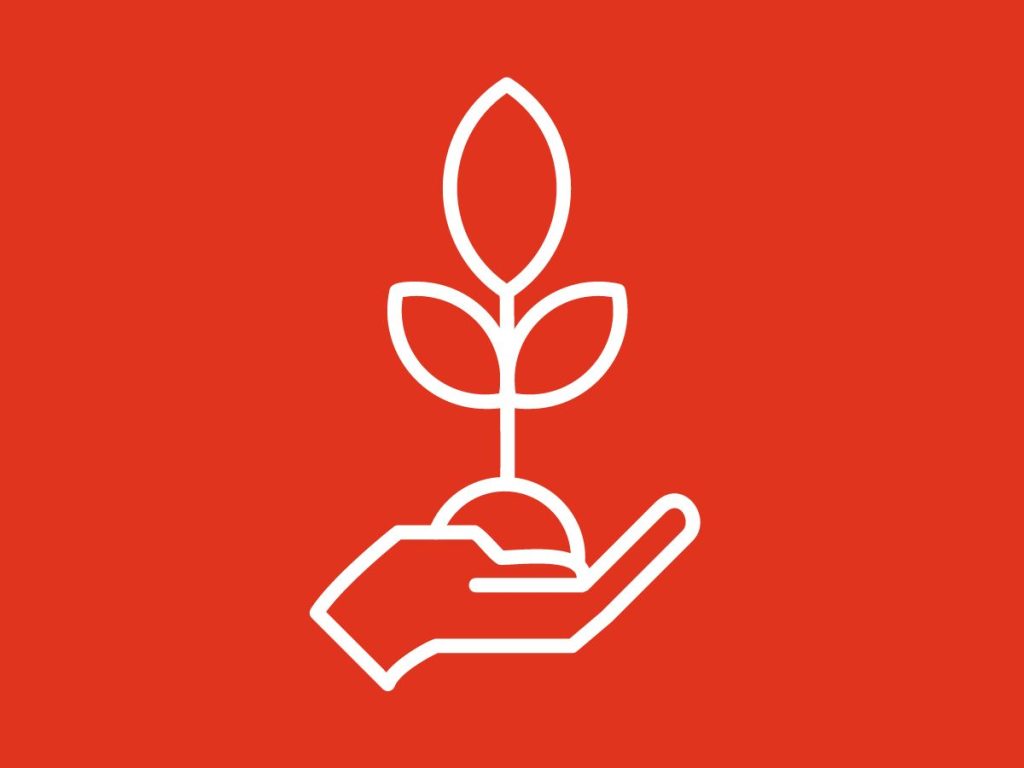 Hand nurturing a plant icon representing customer growth and care.